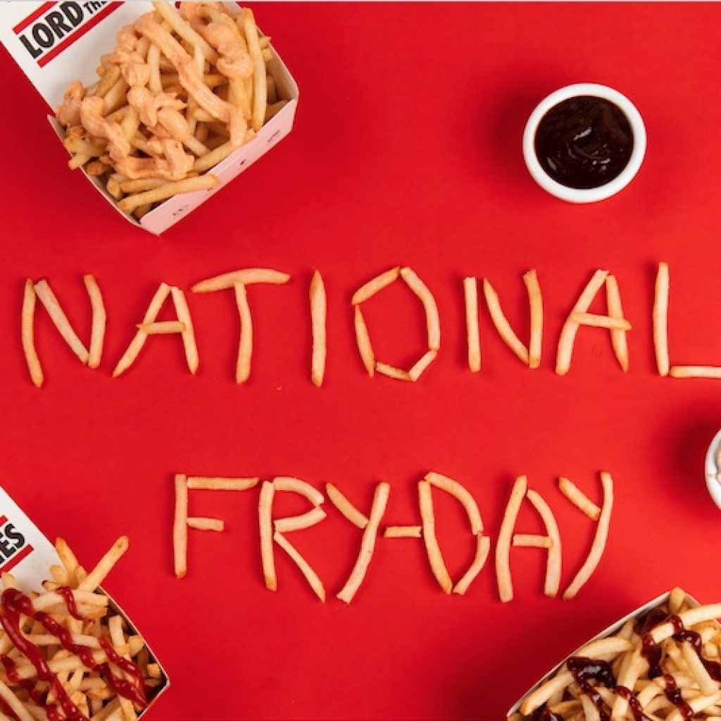 Fries are placed on a red background and are used to spell out 